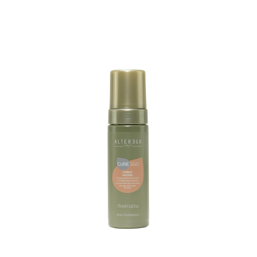 Curly Hair Mousse bottle providing elasticity and moisture for voluminous curls, free from sulphates, parabens, and petrolatum.