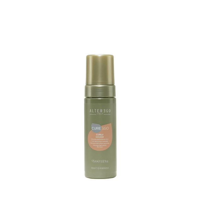 Curly Hair Mousse bottle providing elasticity and moisture for voluminous curls, free from sulphates, parabens, and petrolatum.