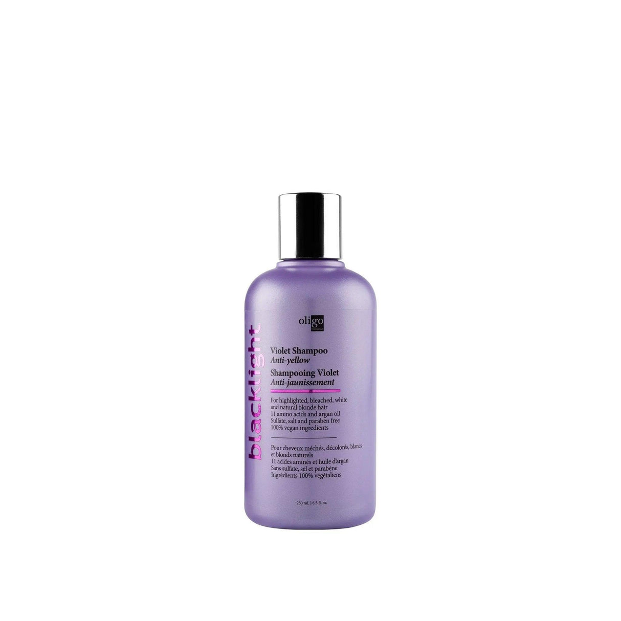 Blacklight Violet Shampoo bottle for blonde hair, reduces brassiness, adds shine with amino acids and argan oil.