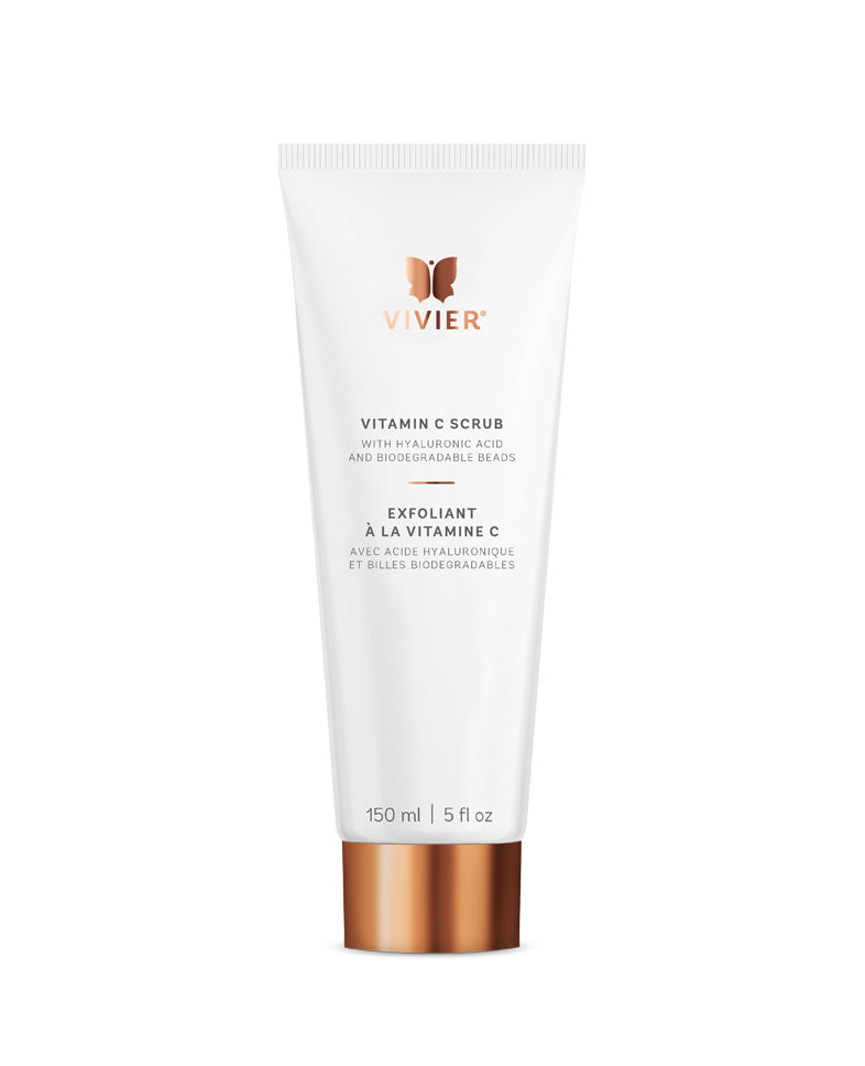 Vivier Vitamin C Scrub tube with hyaluronic acid, designed for exfoliating and hydrating skin, suitable for all skin types.