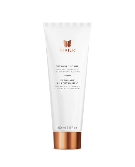 Vivier Vitamin C Scrub tube with hyaluronic acid, designed for exfoliating and hydrating skin, suitable for all skin types.