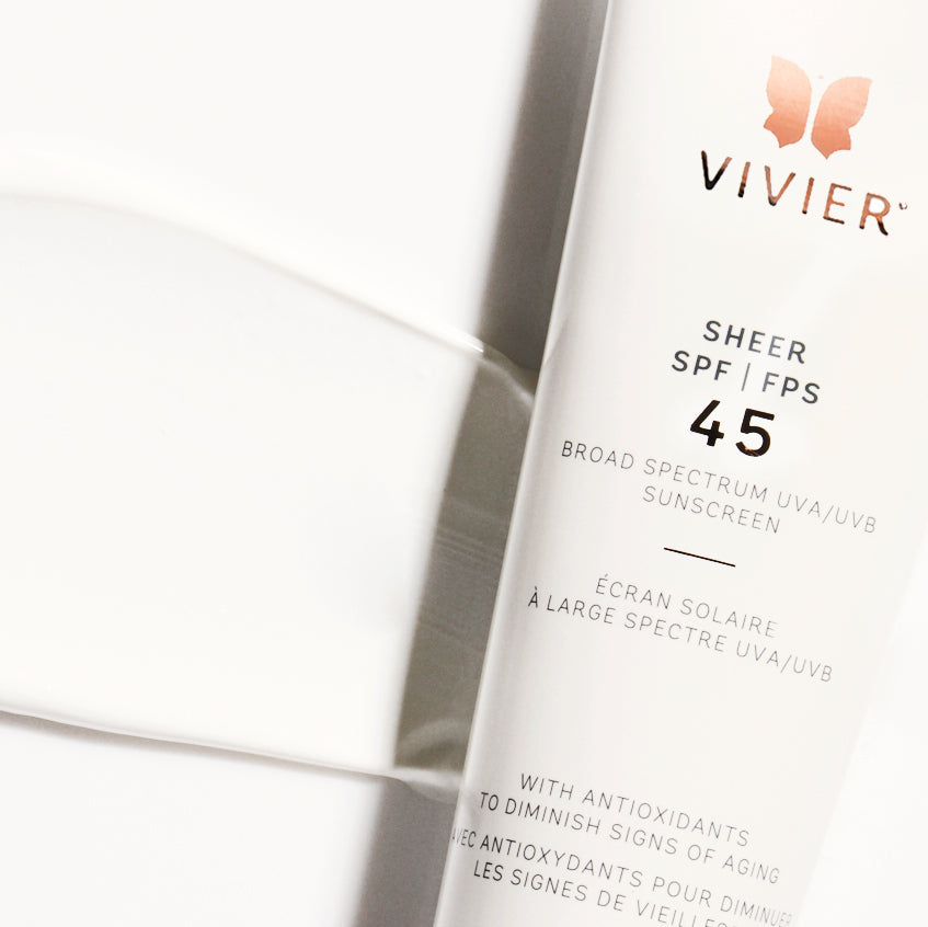 Vivier SHEER SPF 45 sunscreen with UVA/UVB protection, Vitamin E, and silica for a matte finish, suitable for all skin types.