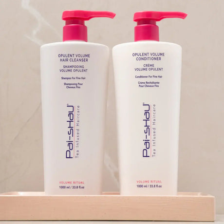 Opulent Volume Liter Duo Shampoo and Conditioner by Pai Shau, featuring 1L bottles for enhancing hair fullness with natural ingredients.