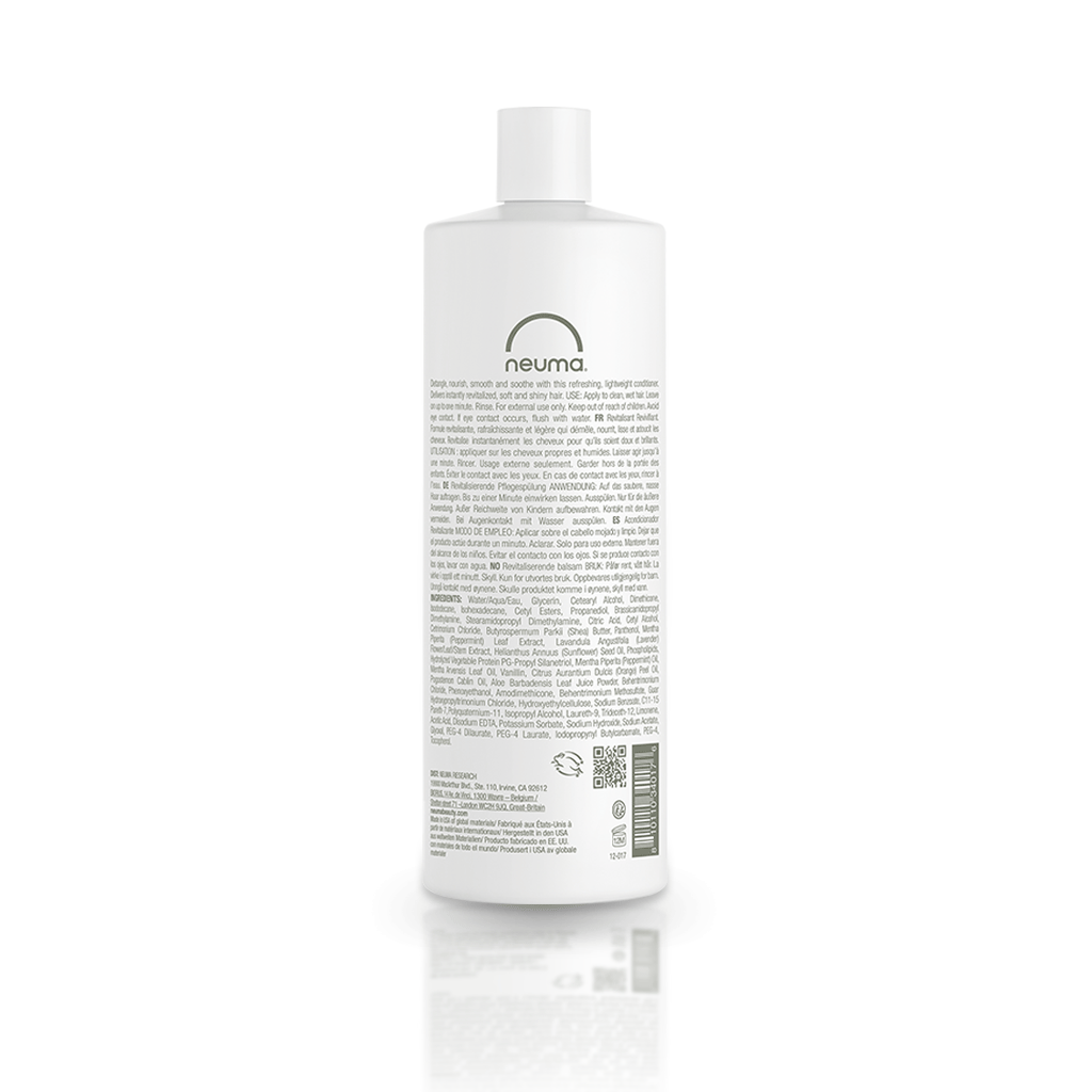 Re Neu Conditioner bottle with peppermint and vanilla scent, nourishes hair, adds shine, enhances body, ideal for all hair types.