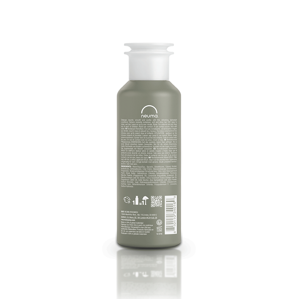 Re Neu Conditioner bottle, lightweight formula, peppermint vanilla scent, detangles, smooths, nourishes, enhances shine, healthy scalp care.