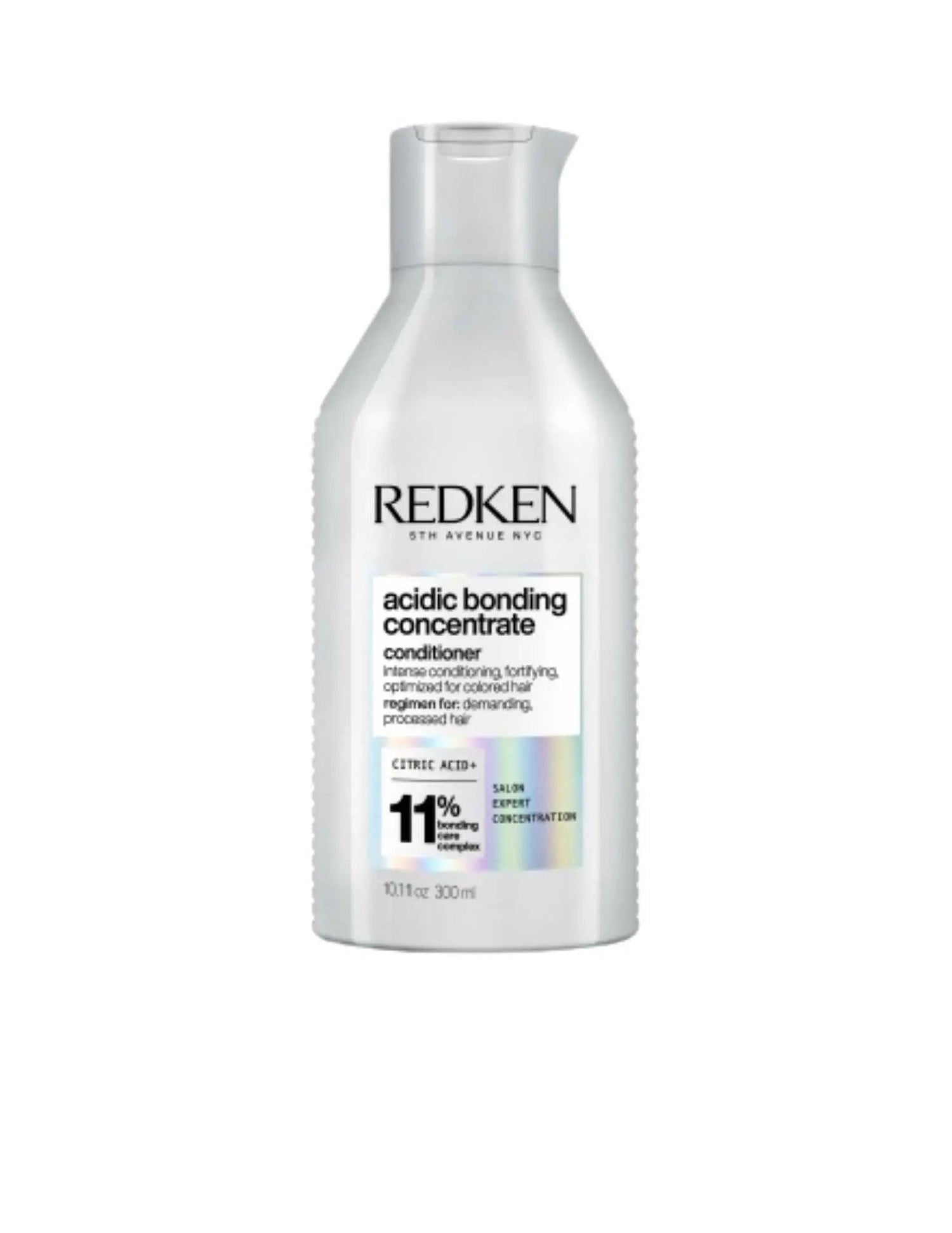 Redken Acidic Bonding Concentrate Conditioner 300ml bottle for damaged hair repair and pH balance, suitable for all hair types and textures.