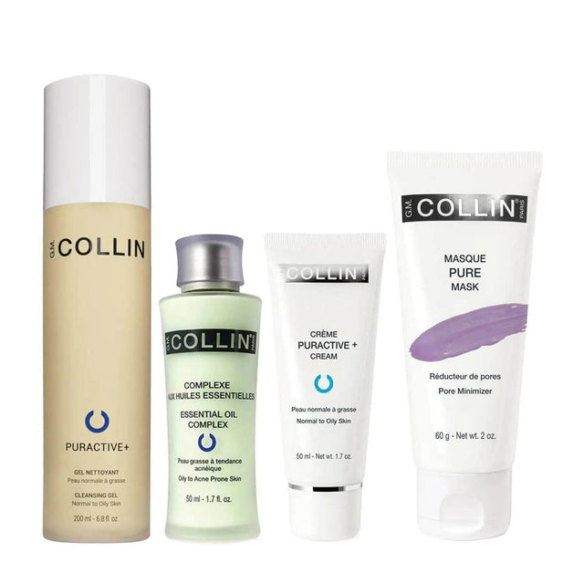 Acne Treatment Bundle for Normal/Combo Skin featuring cleanser, serum, moisturizer, and mask by G.M. Collin.