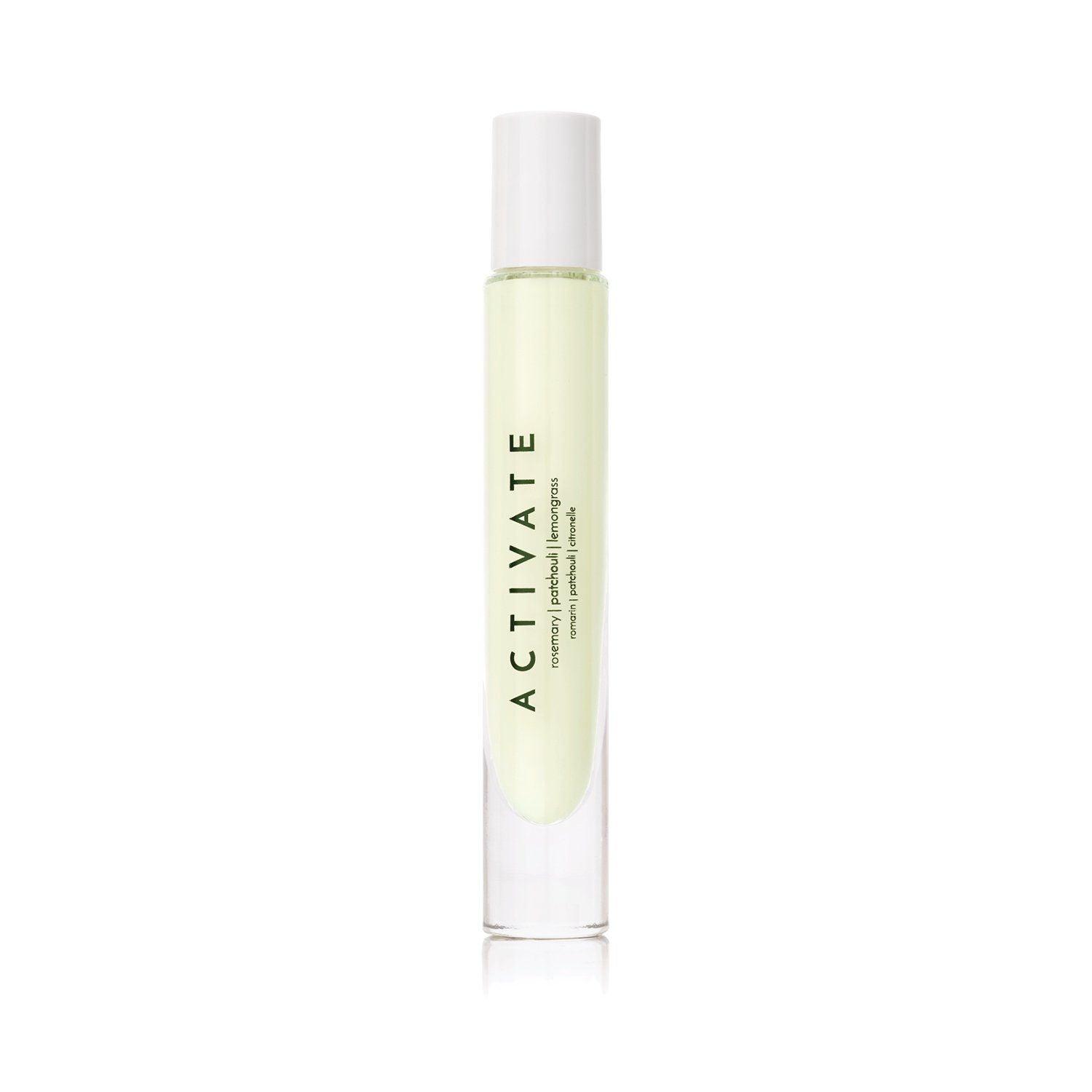 Activate Mood Roller aromatherapy blend with patchouli, lemongrass, and rosemary essential oils for energy and focus.