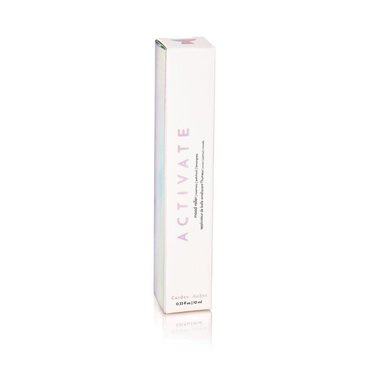 Activate Mood Roller packaging featuring natural aromatherapy blend with patchouli, lemongrass, and rosemary for energy and focus.