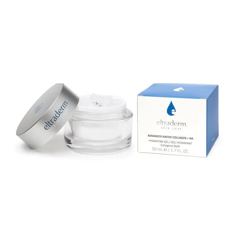 Advanced Native Collagen + HA jar and box from eltraderm, featuring marine-sourced collagen and hyaluronic acid for hydration and anti-aging care.