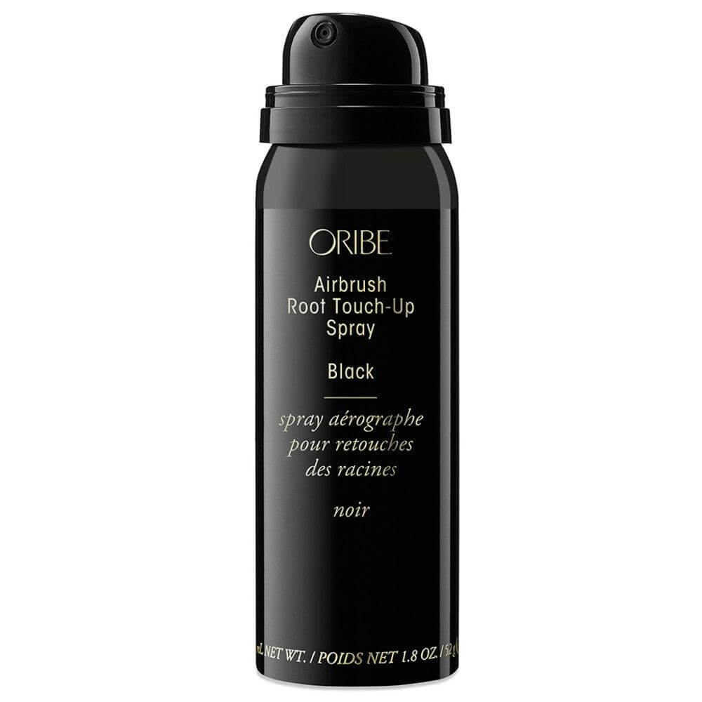 Airbrush Root Touch-Up Spray - Black bottle for covering grey roots, quick-drying salon-quality product.