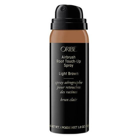 Airbrush Root Touch-Up Spray in Light Brown for covering grey roots, with quick-drying formula, shown in black bottle packaging.