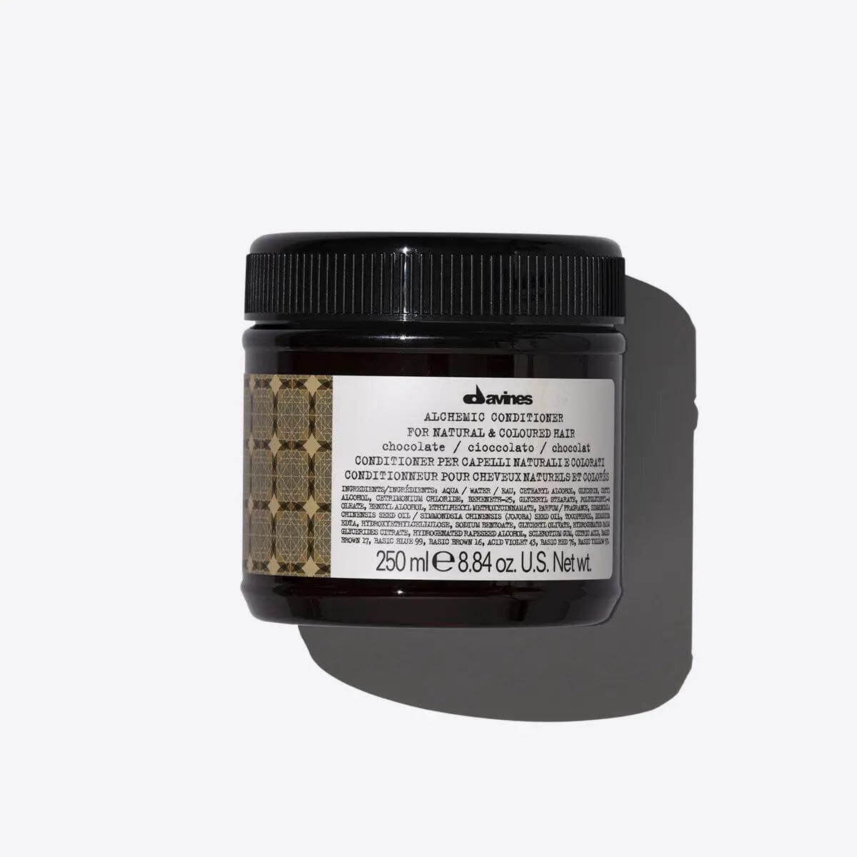 Alchemic Conditioner Chocolate for dark brown hair, 250ml jar, enhances dark tones and adds shine.