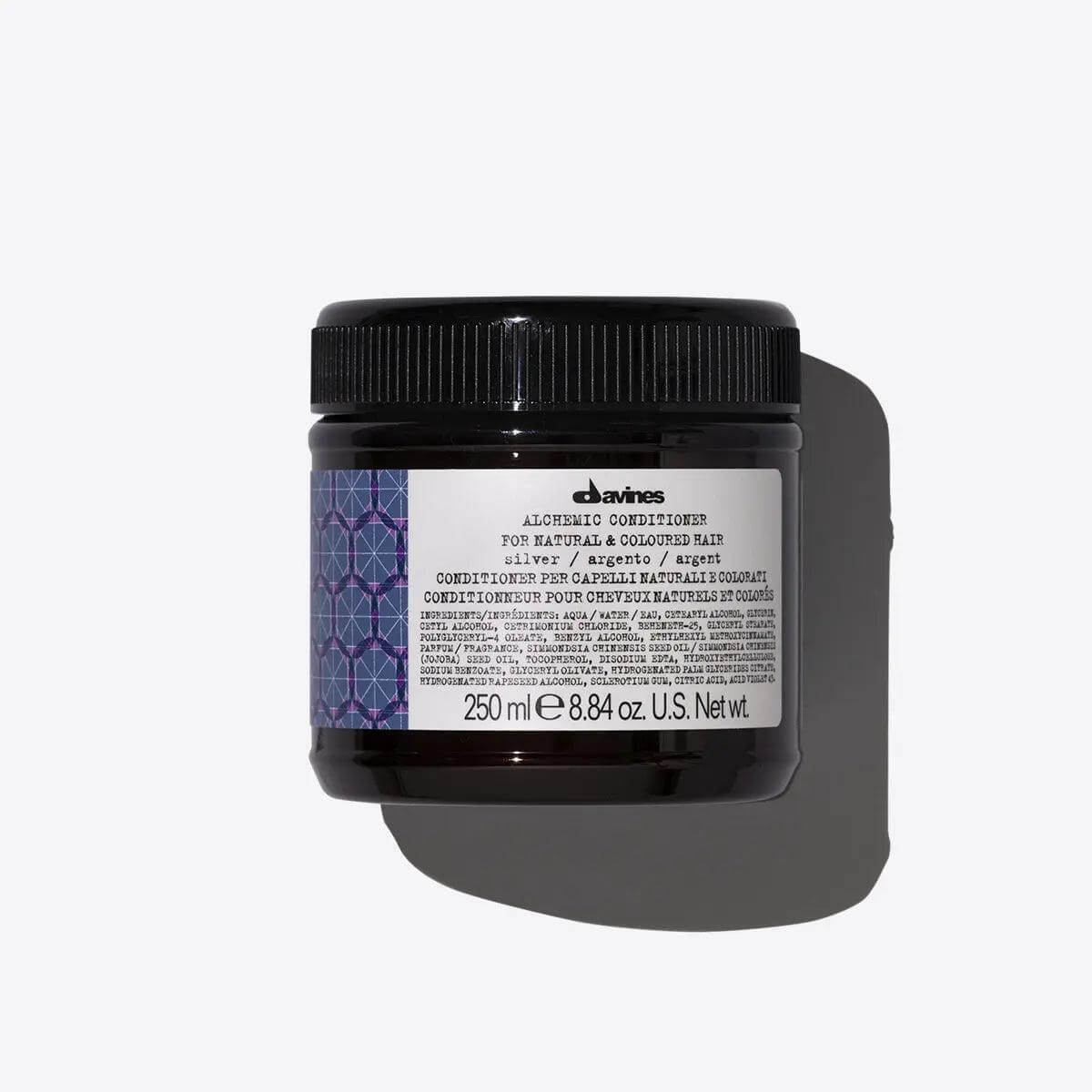 Alchemic Conditioner Silver for cool blonde tones in a 250 ml jar with purple color-enhancing properties for platinum shades.