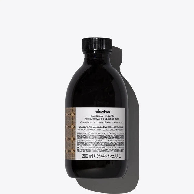 Alchemic Shampoo Chocolate for enhancing dark brown or black hair tones, 280ml bottle.