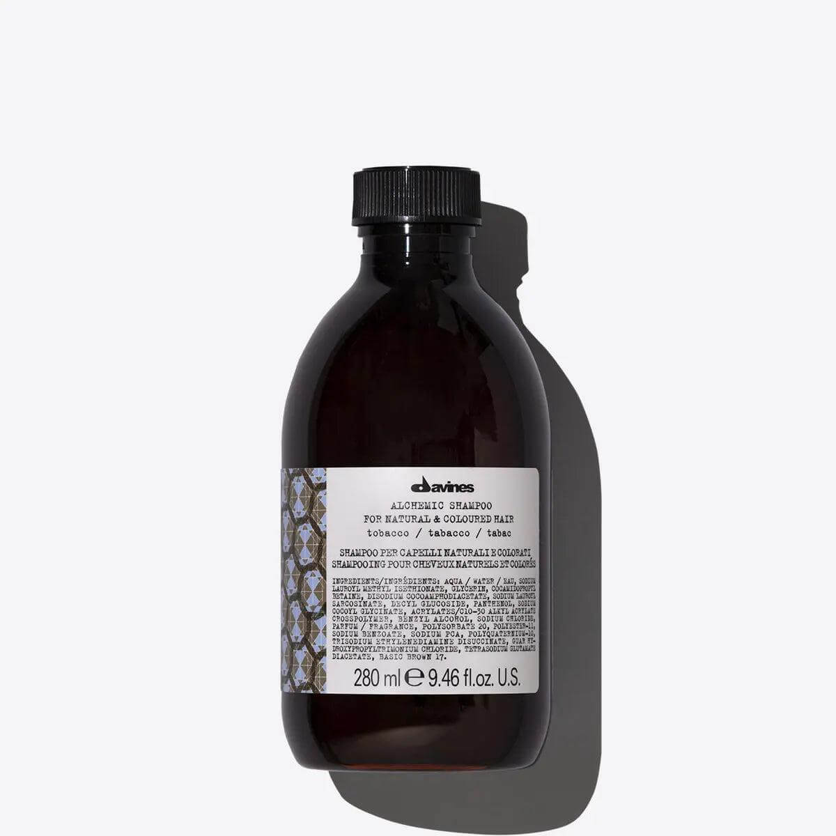 Alchemic Shampoo Tobacco bottle, color-enhancing for medium-to-light brown shades, enhances lighter brunette tones, 280 ml size