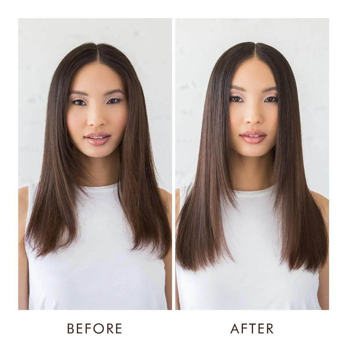 Before and after results of using Moroccanoil All In One Leave-in Conditioner showing smoother, shinier hair on a woman.