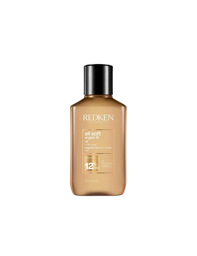Redken All Soft Argan-6 Oil bottle for nourishing and softening dry, brittle hair, suitable for all hair types and textures.