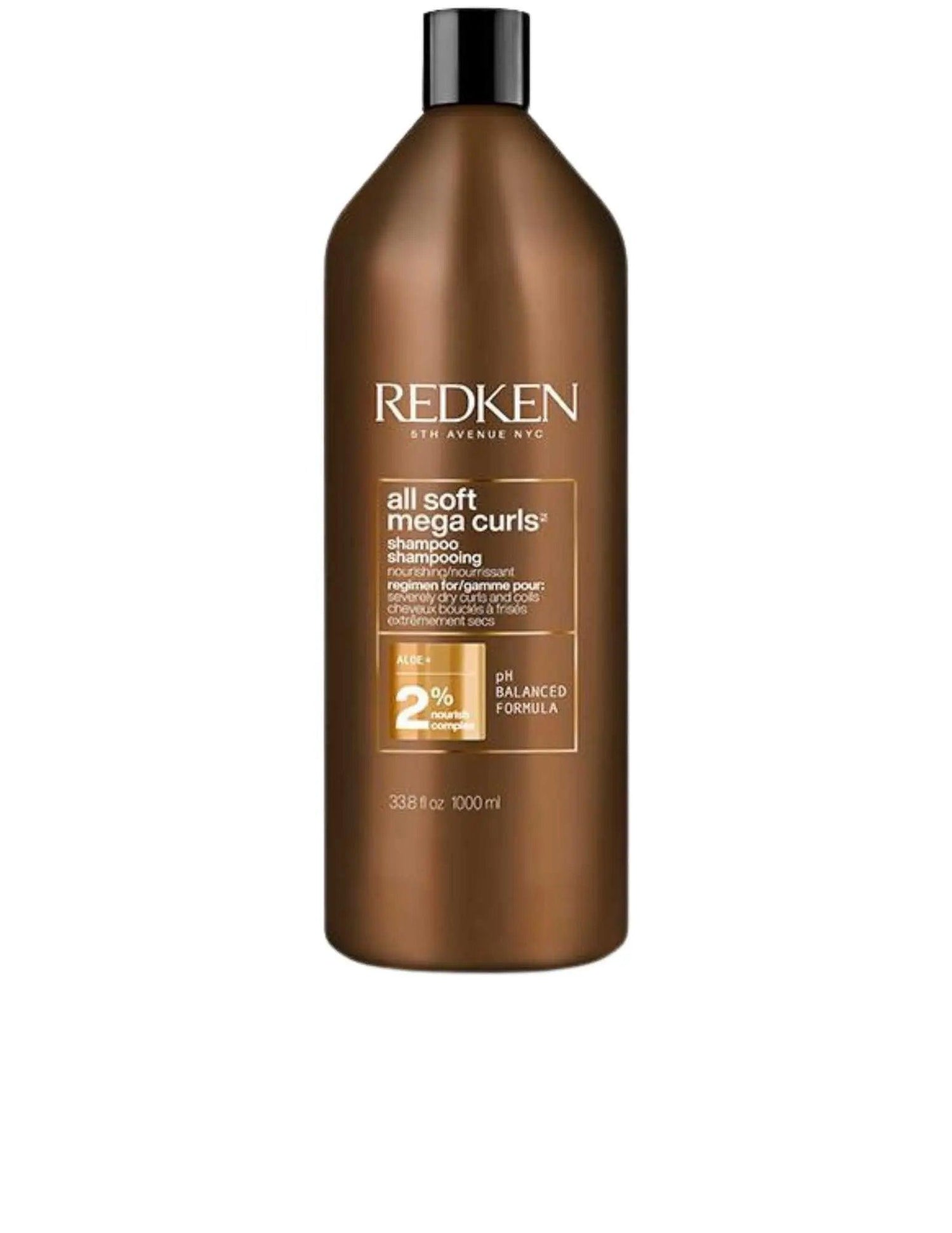 Redken All Soft Mega Curls Shampoo 1L bottle for nourishing and defining curly, wavy hair, combating dryness and frizz.