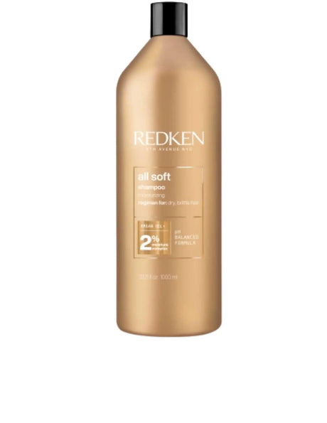 Redken All Soft Shampoo 1L bottle for dry, brittle hair, providing softness and smoothness. Ideal for all hair types and textures.