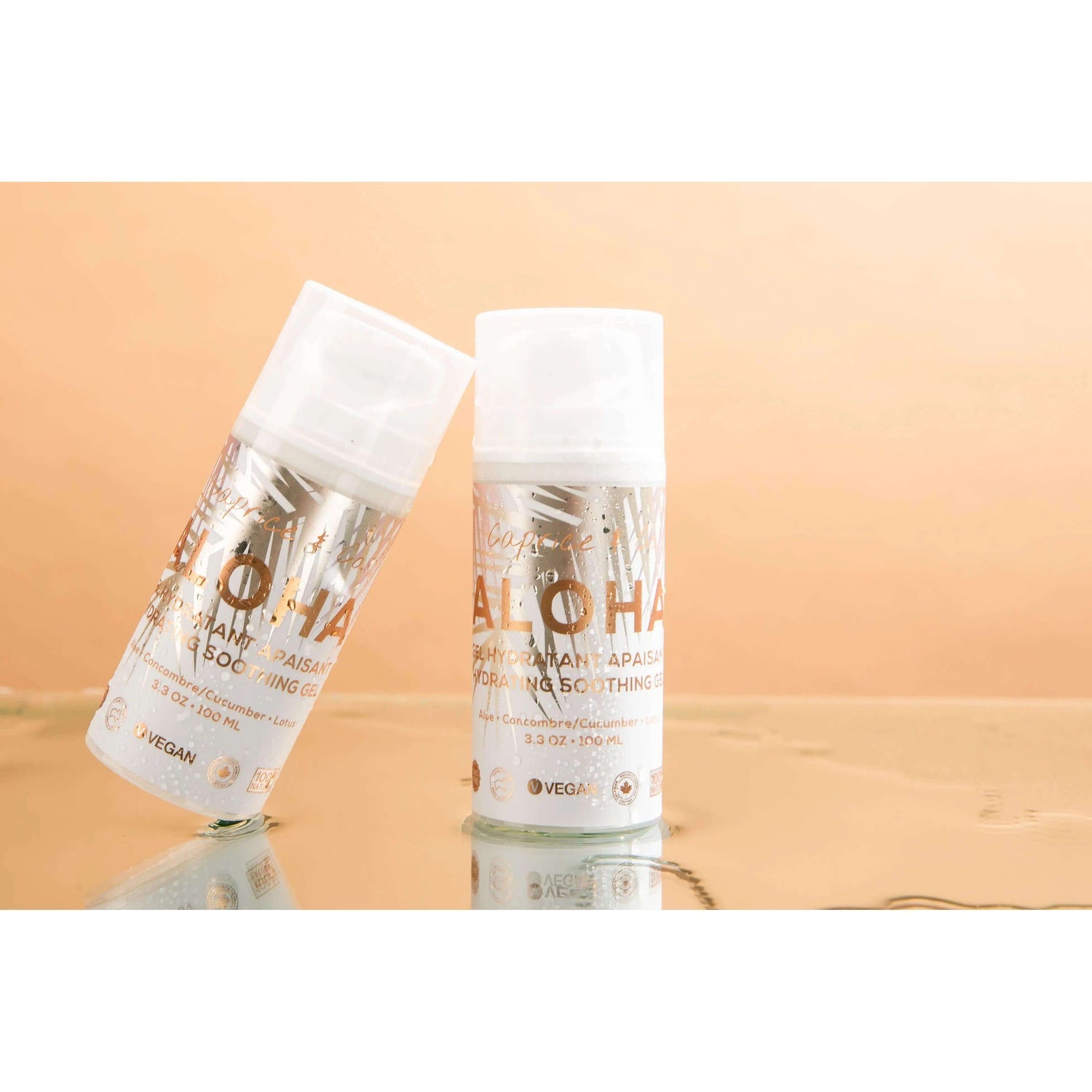 Aloha Aloe + Lotus Soothing Gel 100ml bottles, hydrating and calming skincare with aloe vera and GMO-free hydrosols, no added scents.