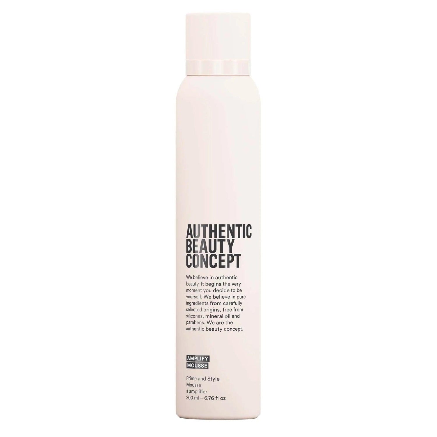 Authentic Beauty Concept Amplify Mousse 200 ml bottle, vegan, cruelty-free, medium hold for body and volume, silicone-free.