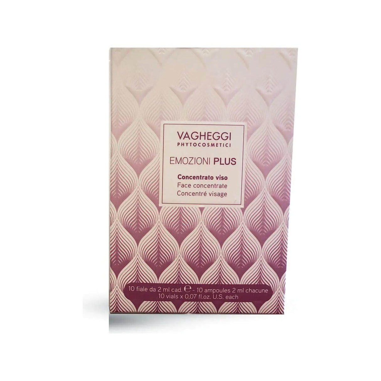 Ampoules Concentré Visage Emozioni Plus packaging for deep hydration, 10-day treatment boosting skincare with sealed vials.