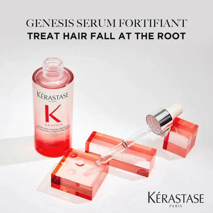 Kérastase Genesis Serum Fortifiant for treating hair fall, featuring bottle and dropper on stylish blocks.