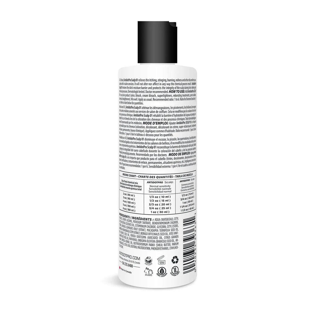 Back view of AntidotPro 01 Scalp 240ML bottle, displaying details on ingredients and instructions for skin protection in chemical treatments.