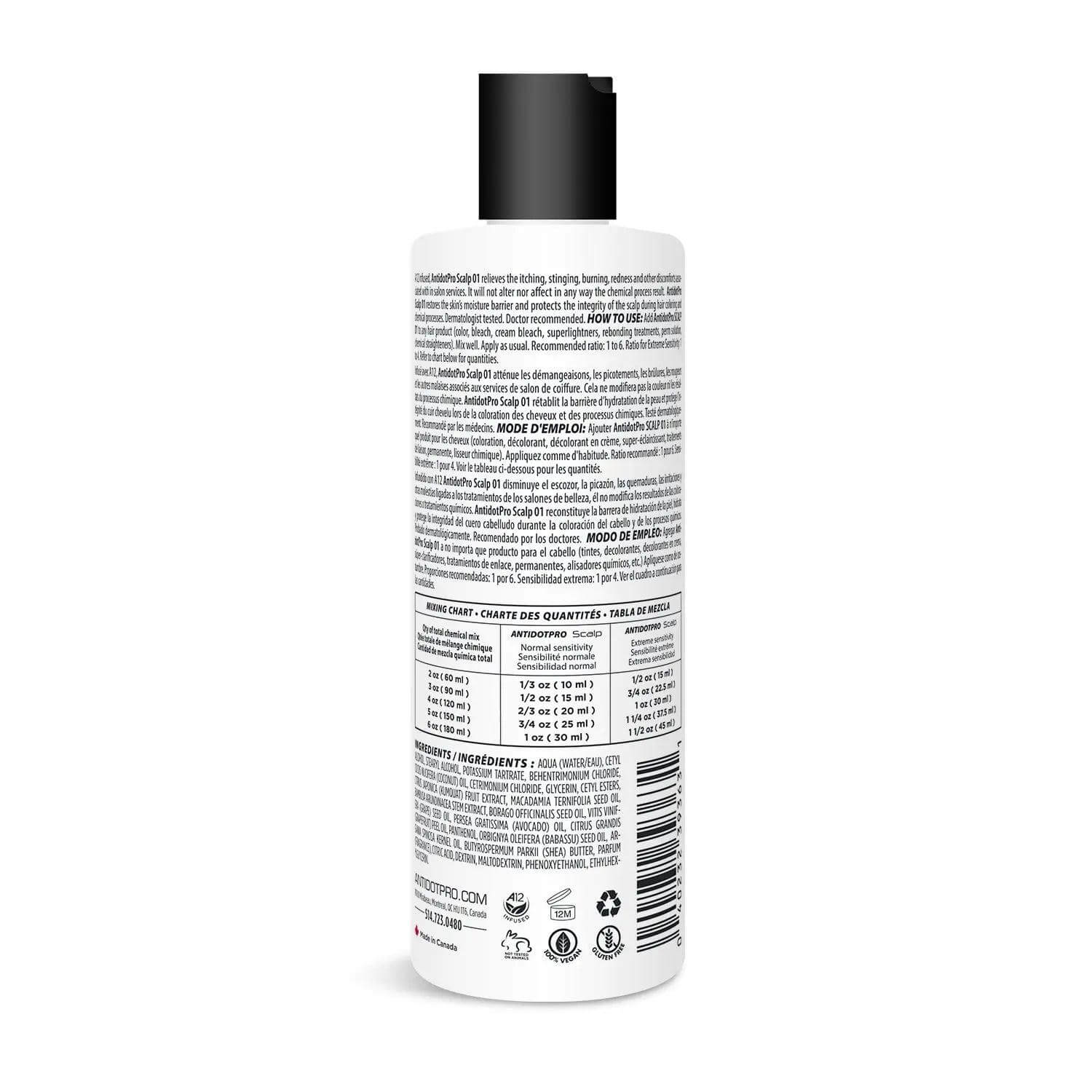 Back view of AntidotPro 01 Scalp 240ML bottle, displaying details on ingredients and instructions for skin protection in chemical treatments.