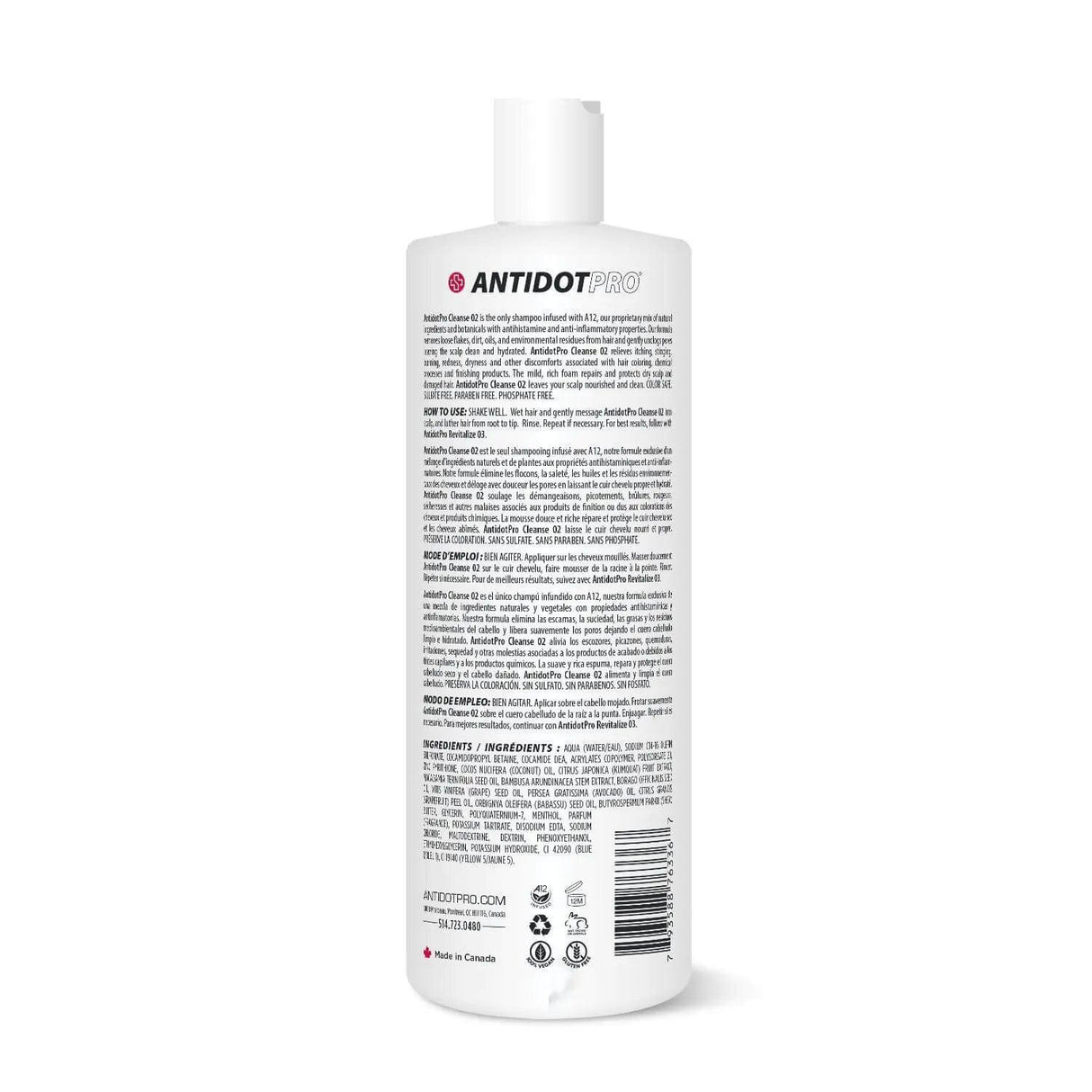 AntidotPro 02 Cleanse 1000ML shampoo bottle with detailed product information on label, part of a 3-step scalp treatment system.