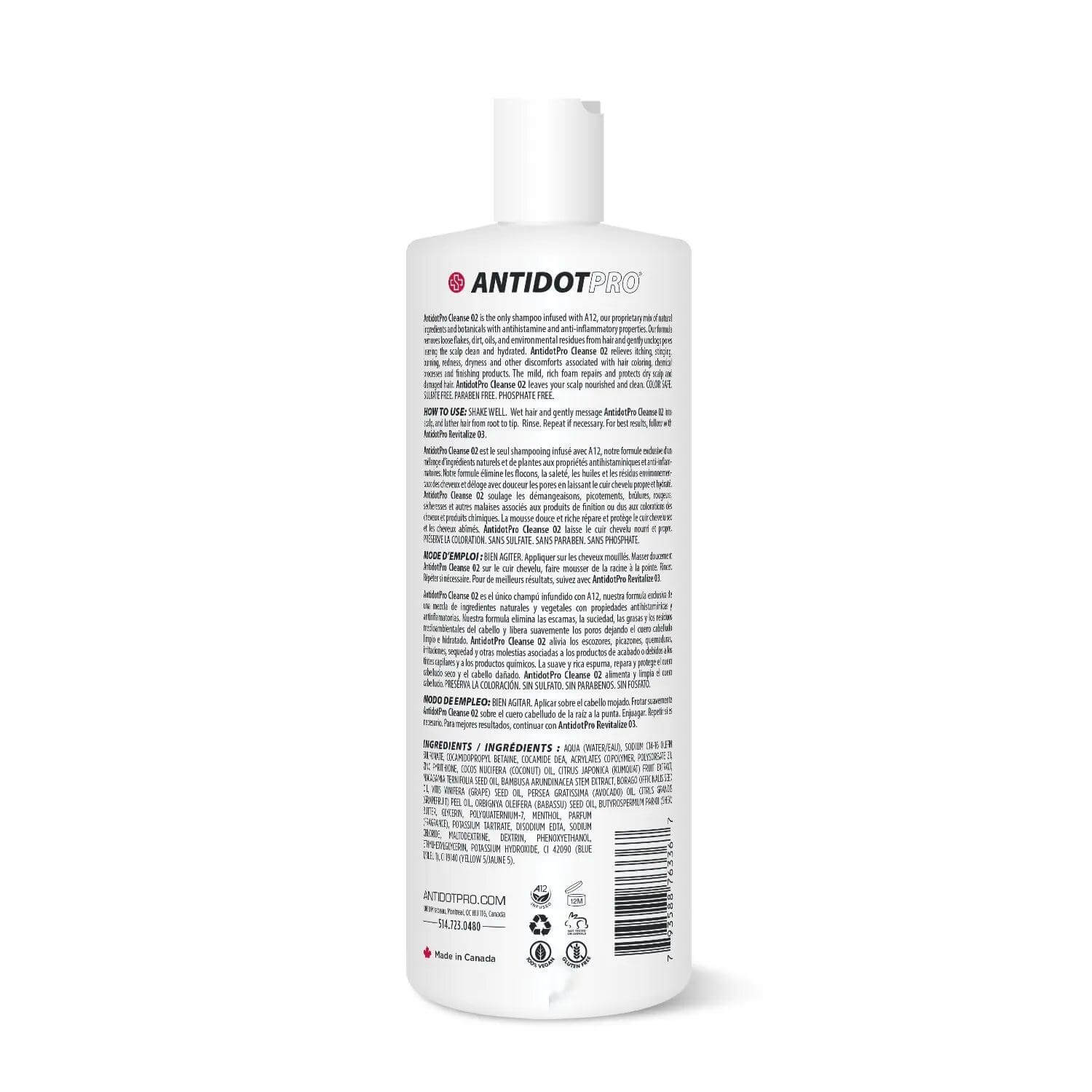 AntidotPro 02 Cleanse 1000ML shampoo bottle with detailed product information on label, part of a 3-step scalp treatment system.