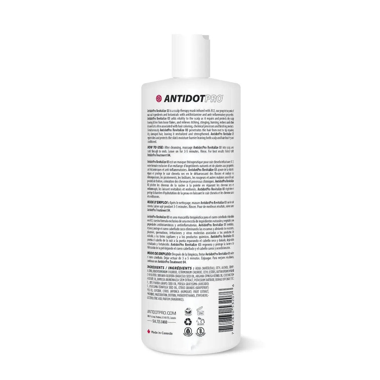 Back view of AntidotPro 03 Revitalize 1000ML bottle with detailed product information and instructions.