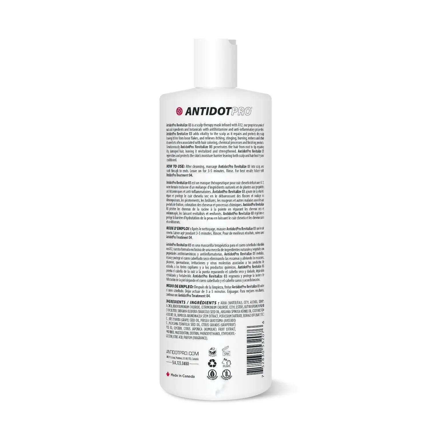 Back view of AntidotPro 03 Revitalize 1000ML bottle with detailed product information and instructions.
