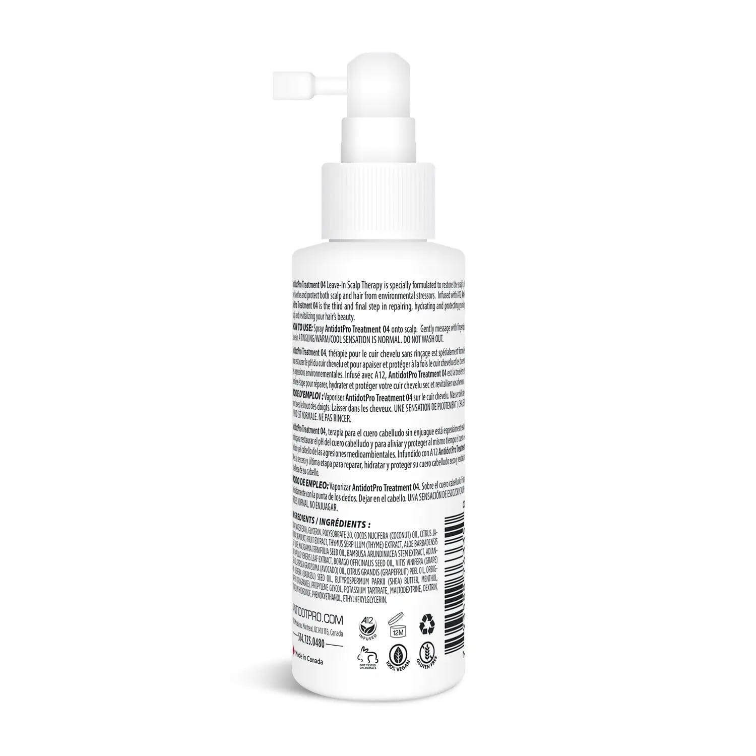 AntidotPro 04 Treatment - 120ML bottle with detailed product information on label, part of a 3-step treatment system for scalp care.