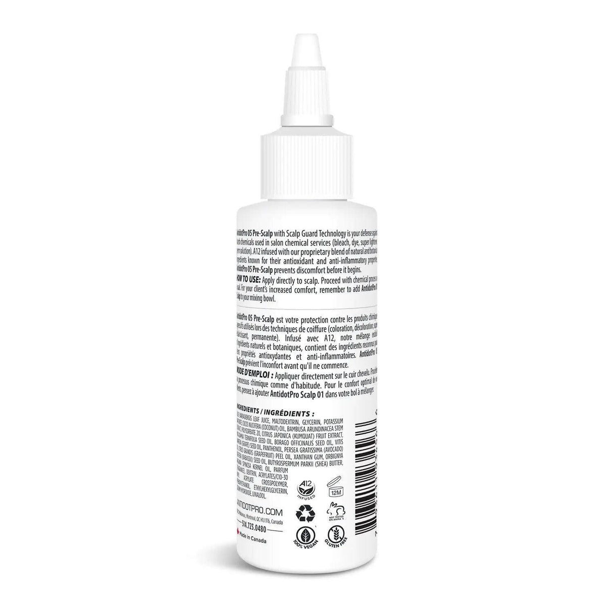 Back view of Antidotpro 05 Pre-Scalp Anti, 120ML bottle, showing detailed product information and instructions for scalp protection.