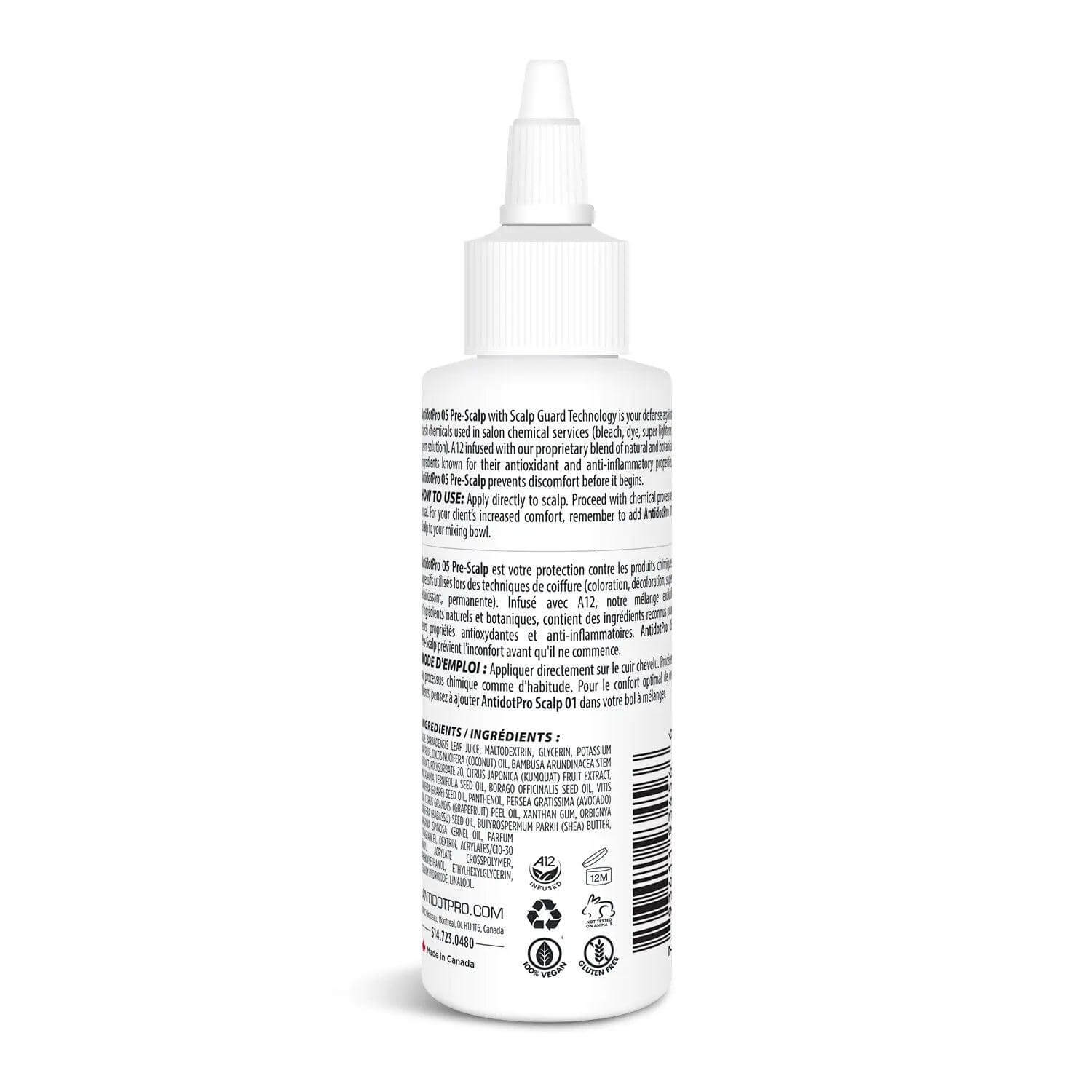 Back view of Antidotpro 05 Pre-Scalp Anti, 120ML bottle, showing detailed product information and instructions for scalp protection.