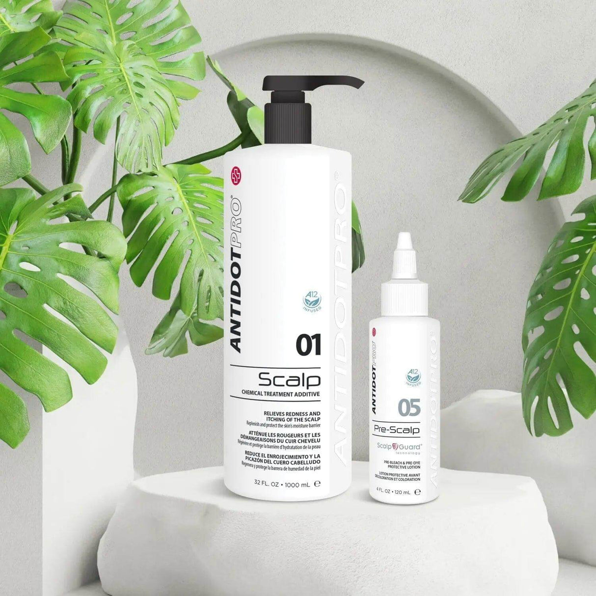 AntidotPro 05 Pre-Scalp Anti 120ML protective scalp treatment and AntidotPro 01 Pre-Scalp additive bottles with green leaves.
