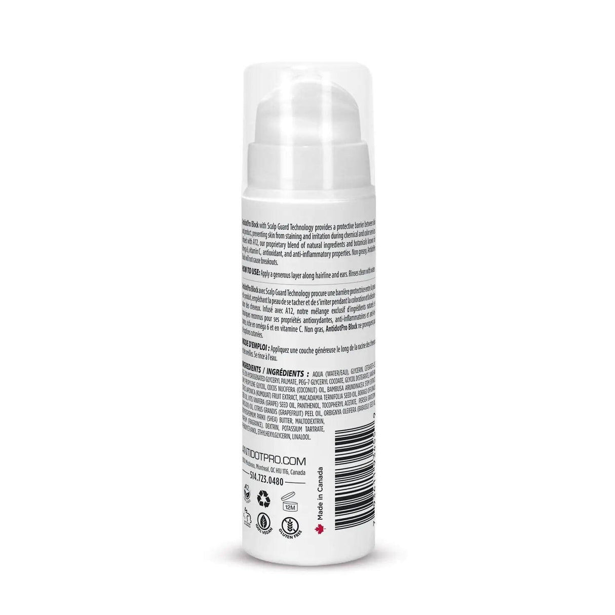 AntidotPro Block 150ML bottle, back view showing product text and ingredients. Protective barrier for scalp against dermatitis and stains.