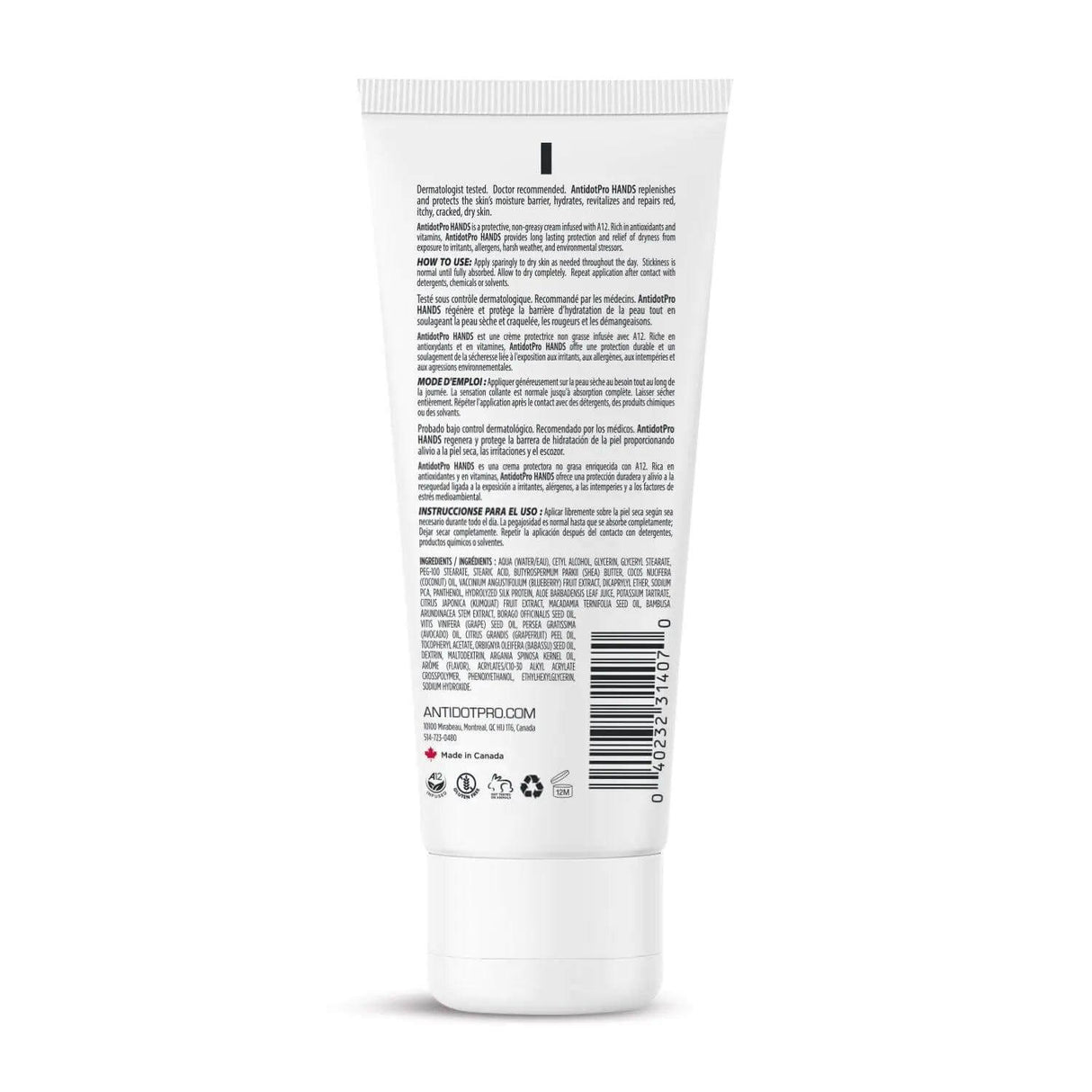 Back view of AntidotPro Hands 100ML tube with ingredients and usage instructions visible.