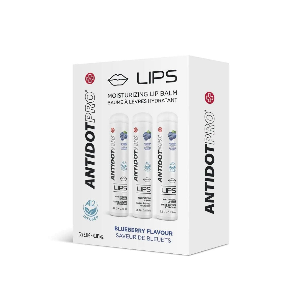 AntidotPro Lips Blueberry Lip Balm 3-pack, moisturizing protection against dryness and irritation, each 3.8g tube.