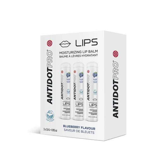 AntidotPro Lips Blueberry Lip Balm 3-pack, moisturizing protection against dryness and irritation, each 3.8g tube.