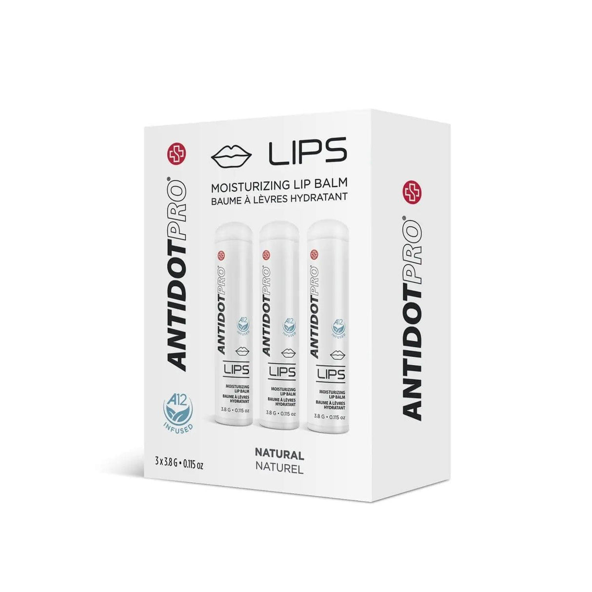 AntidotPro Lips Natural 3-pack moisturizing lip balm for hydration and protection against dermatitis.