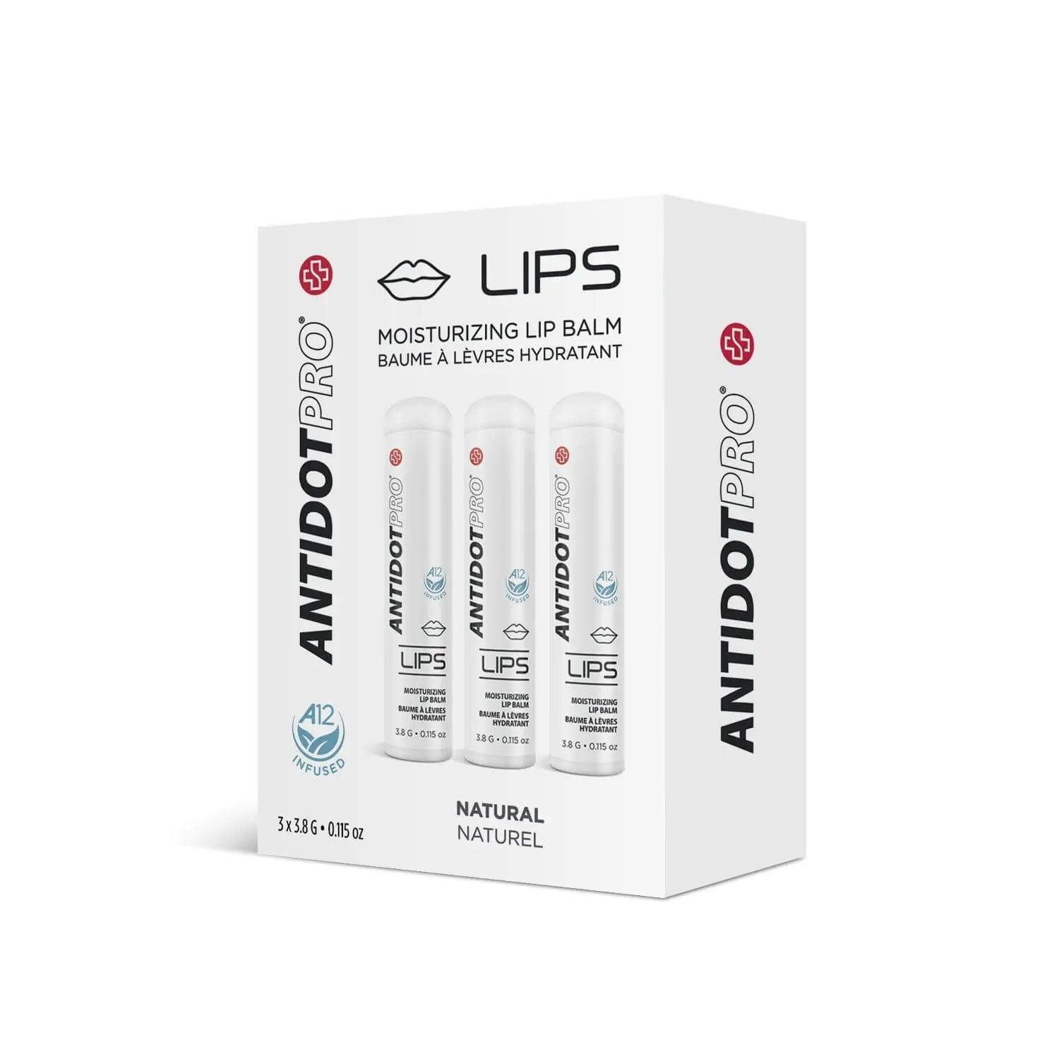 AntidotPro Lips Natural 3-pack moisturizing lip balm for hydration and protection against dermatitis.