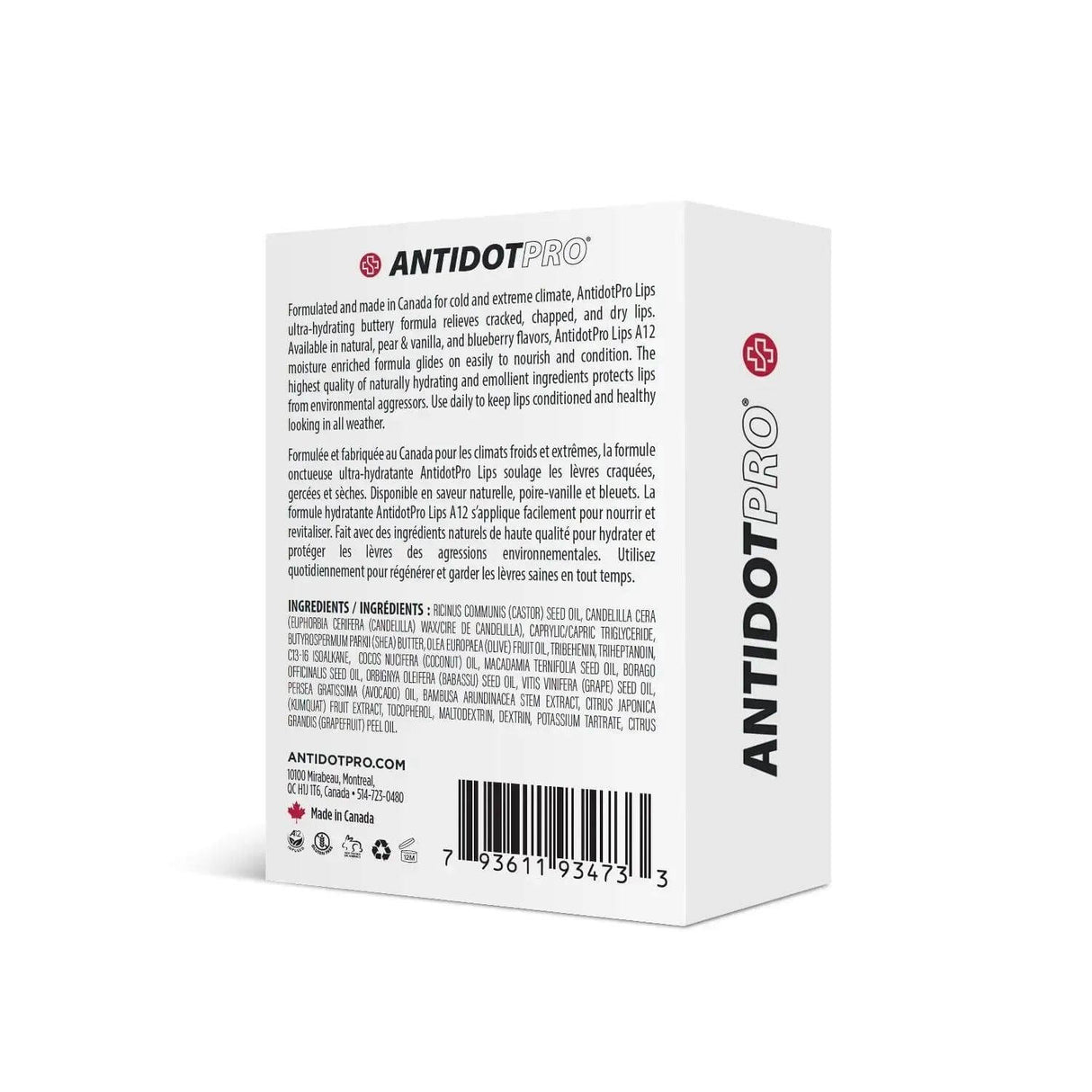 Back view of AntidotPro Lips Natural packaging showing ingredients and product details.