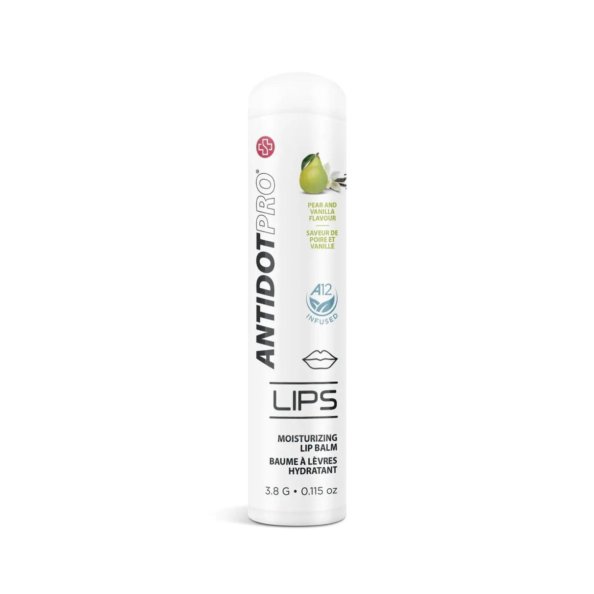 AntidotPro Lips Pear & Vanilla lip balm tube, 3.8g, designed for hydration and healing with protective barrier against irritation.