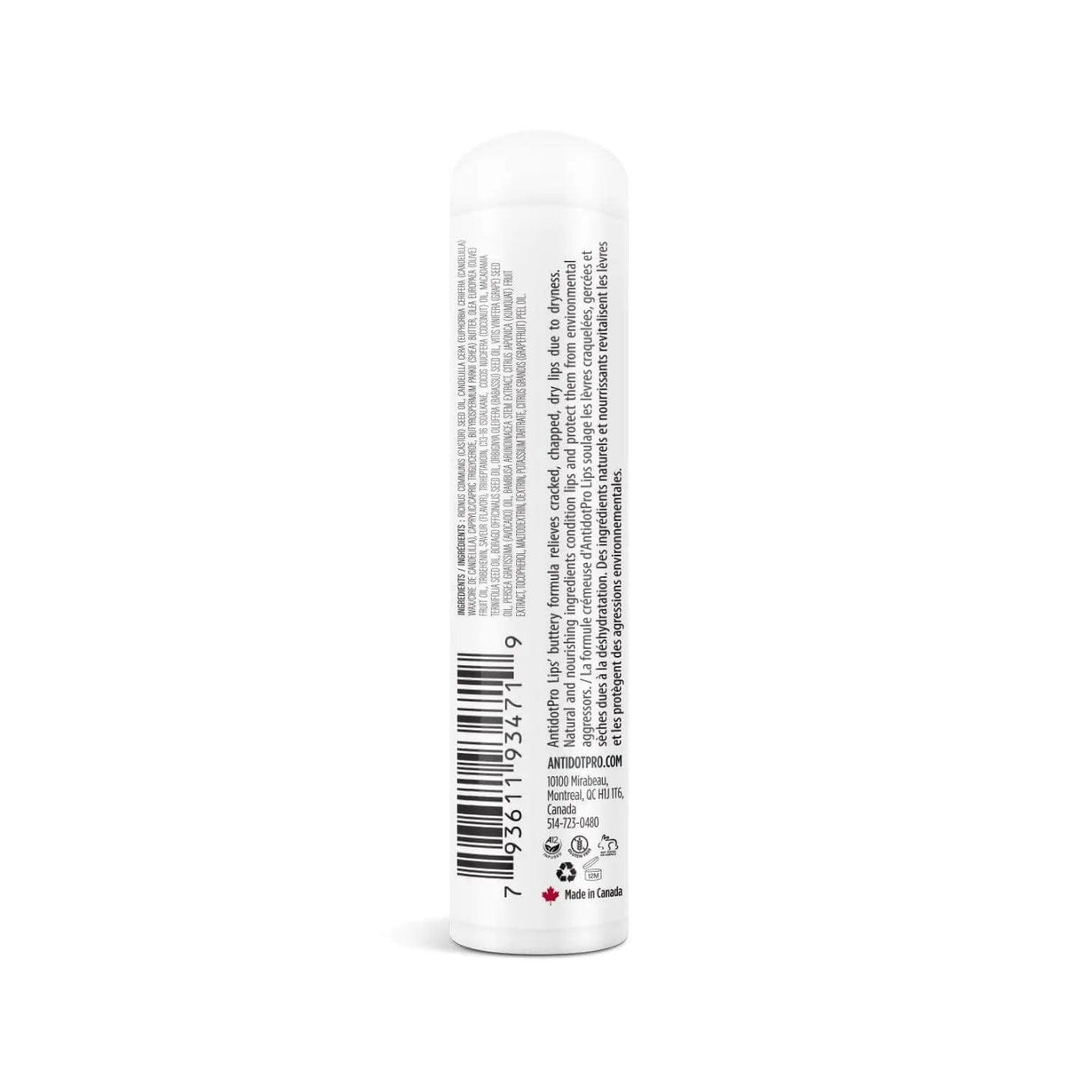 AntidotPro Lips Pear & Vanilla lip balm tube, 3.8g, showcasing product details and hypoallergenic label, made in Canada.