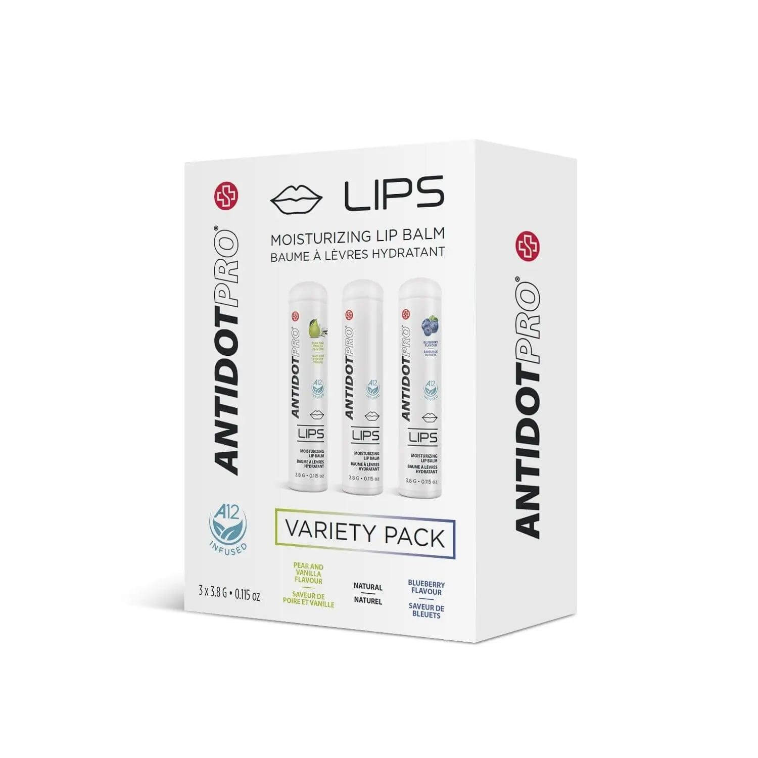 AntidotPro Lips Variety Pack - 3 tubes of moisturizing lip balm for hydration and healing, protects against dryness and irritation.