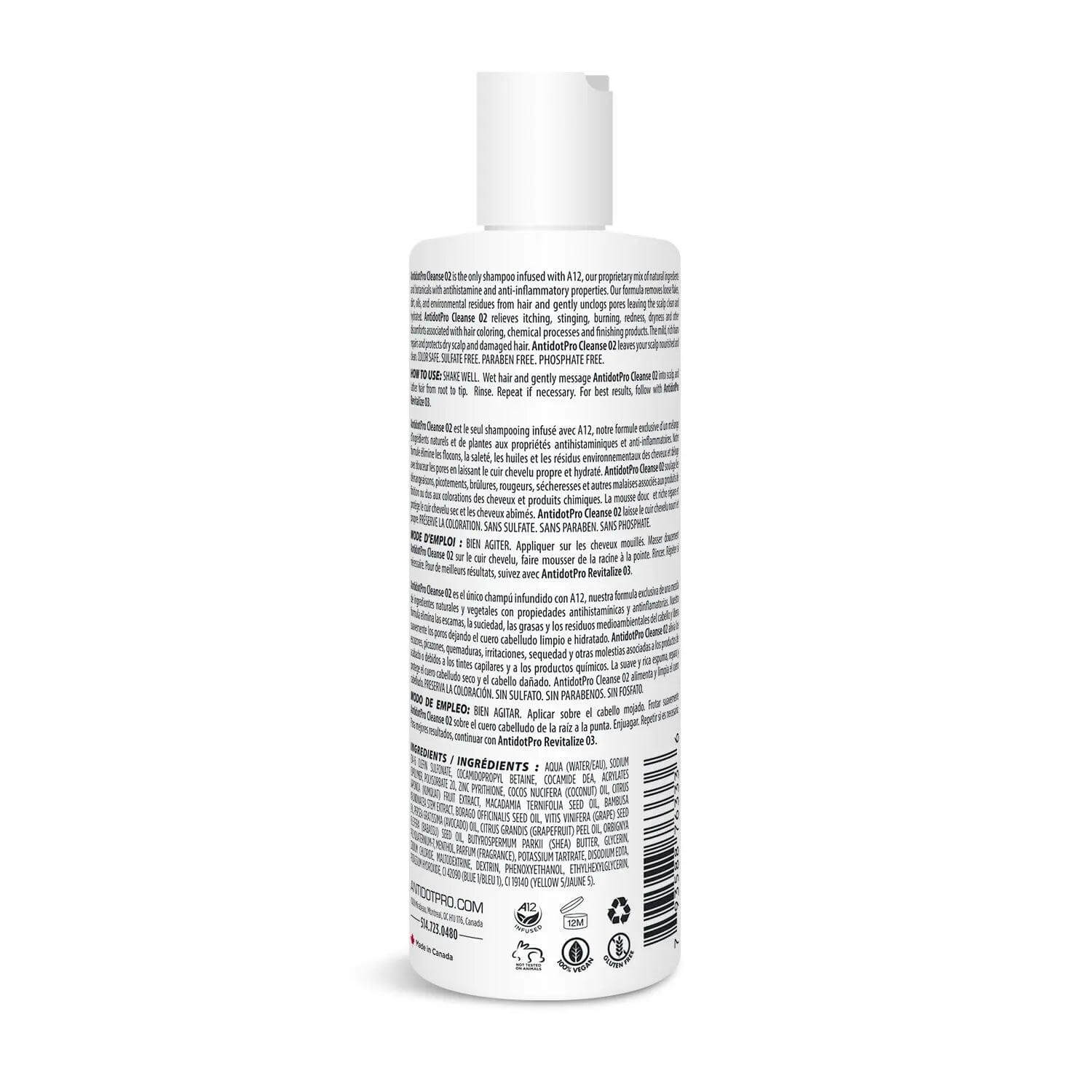 Back view of AntidotPro Scalp Treatment Kit Cleanse Shampoo bottle showing ingredients and instructions.