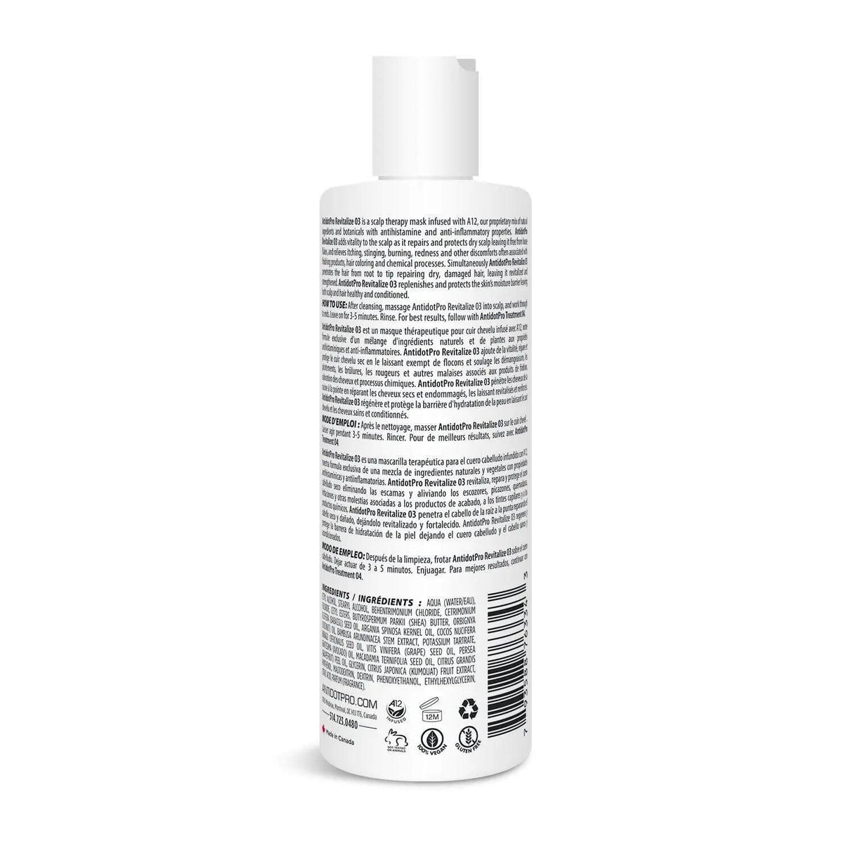 Back view of AntidotPro 02 Cleanse 240ML bottle, showing product label and detailed usage instructions for scalp treatment.